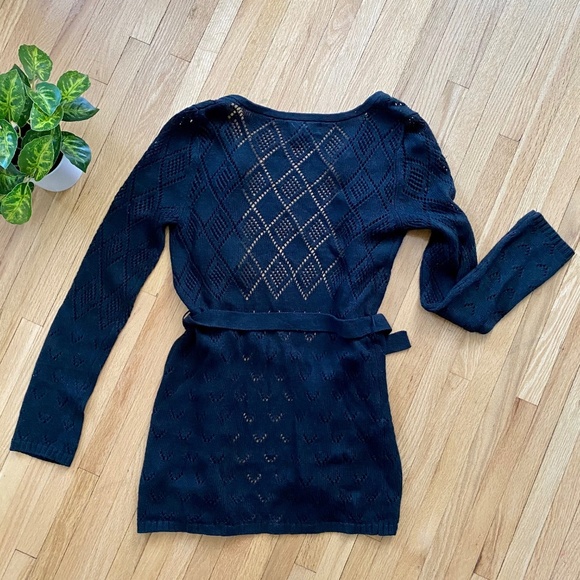 Mossimo Pointelle Knit Open Front Belted Black Cardigan Size XS - Picture 5 of 8